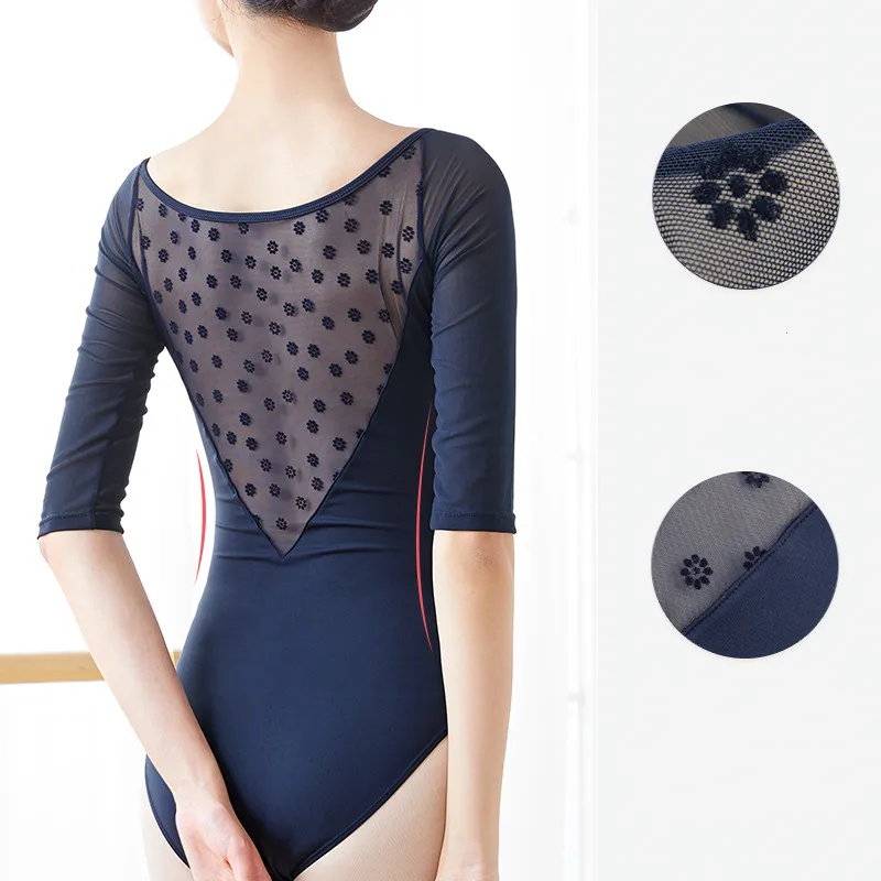 Women Black Mesh Dance Leotards Three Quarter Sleeve Ballet Splicing Leotards Adult Ballet Practice Dance Gymnastics