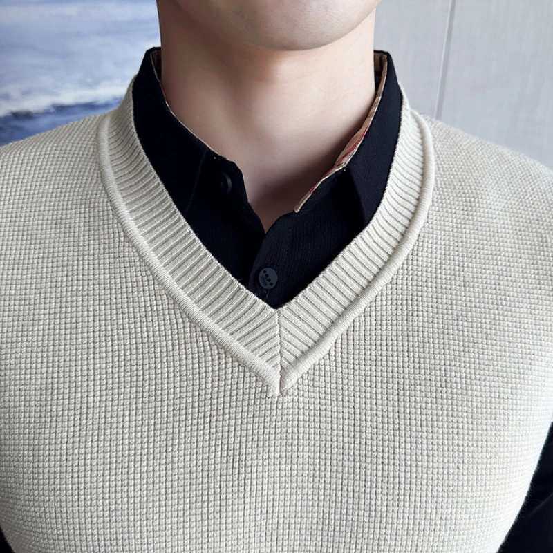 Fake 2 Pieces Shirt Collar Men's Winter High Quality Sweater Vest/Male Slim Fit Fashion Knitted Pullover/Man V-neck Sweaters 3XL
