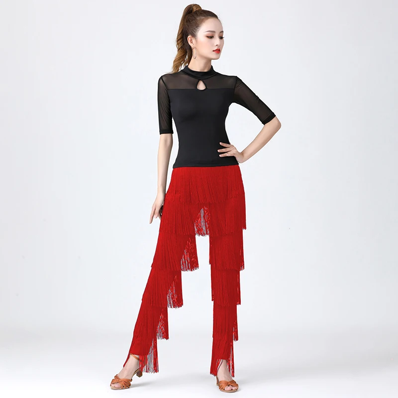 Women's Latin Dance Pants Tassel Ballroom Dance Professional Black Adult Fringe Rumba Tango Salsa Practice Pants