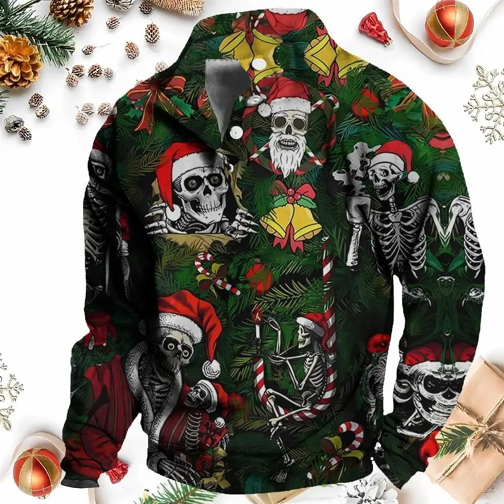 

Christmas Skull Print Fashion Autumn Male Sweatshirts Long Sleeved Fashion Sweatshirts Oversized Clothing Casual Buttons Hoodies