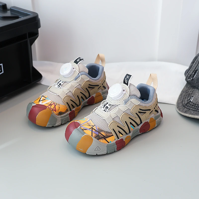 Boys Girls Tennis Shoes Toes Capped Breathable Kids Casual Shoes Rotating Button 2025 Autumn New Children Sports Shoes Soft Sole