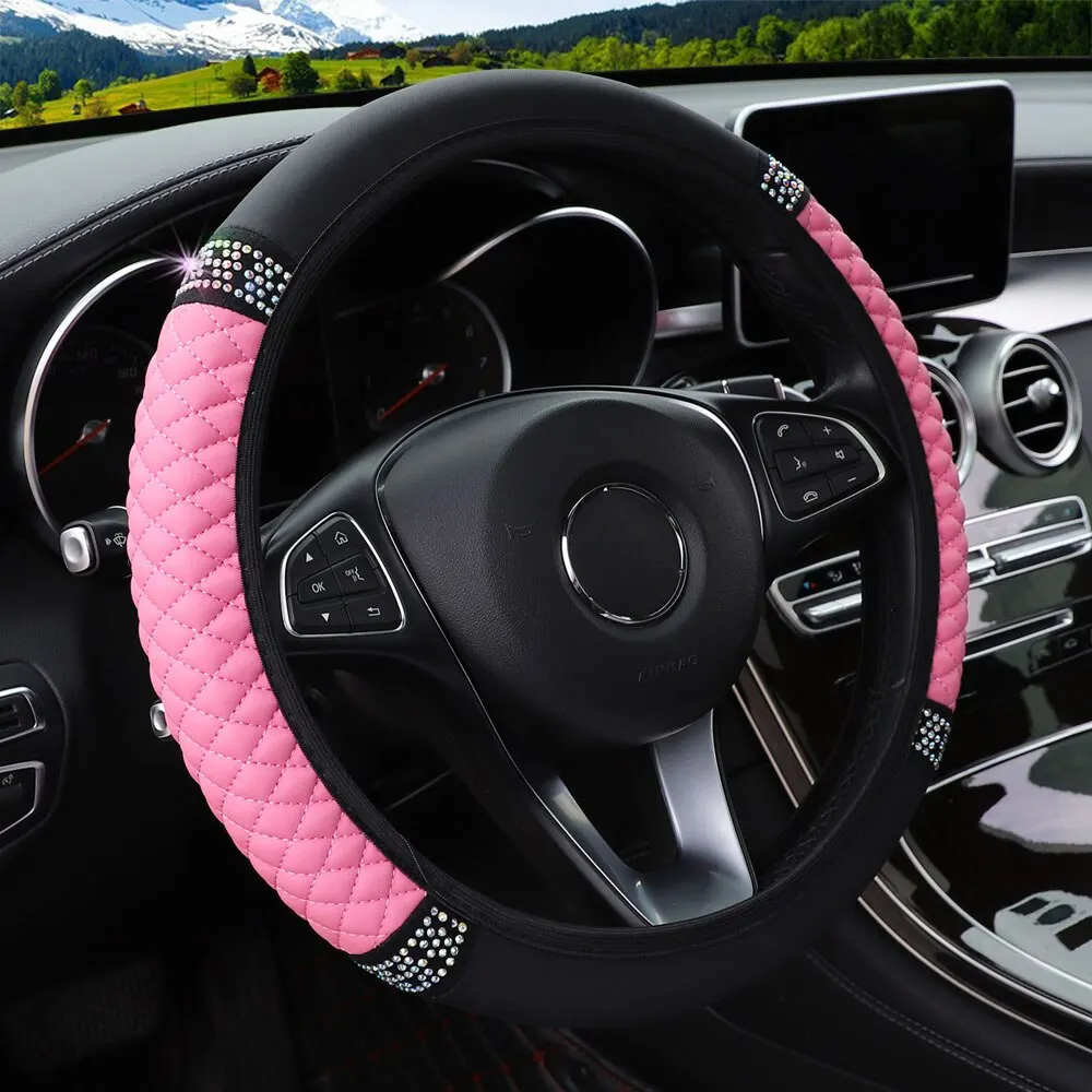 Car Steering Wheel Cover 37-38cm Without Inner Ring Three-dimensional Leather Embroidered Diamond-encrusted Breathable