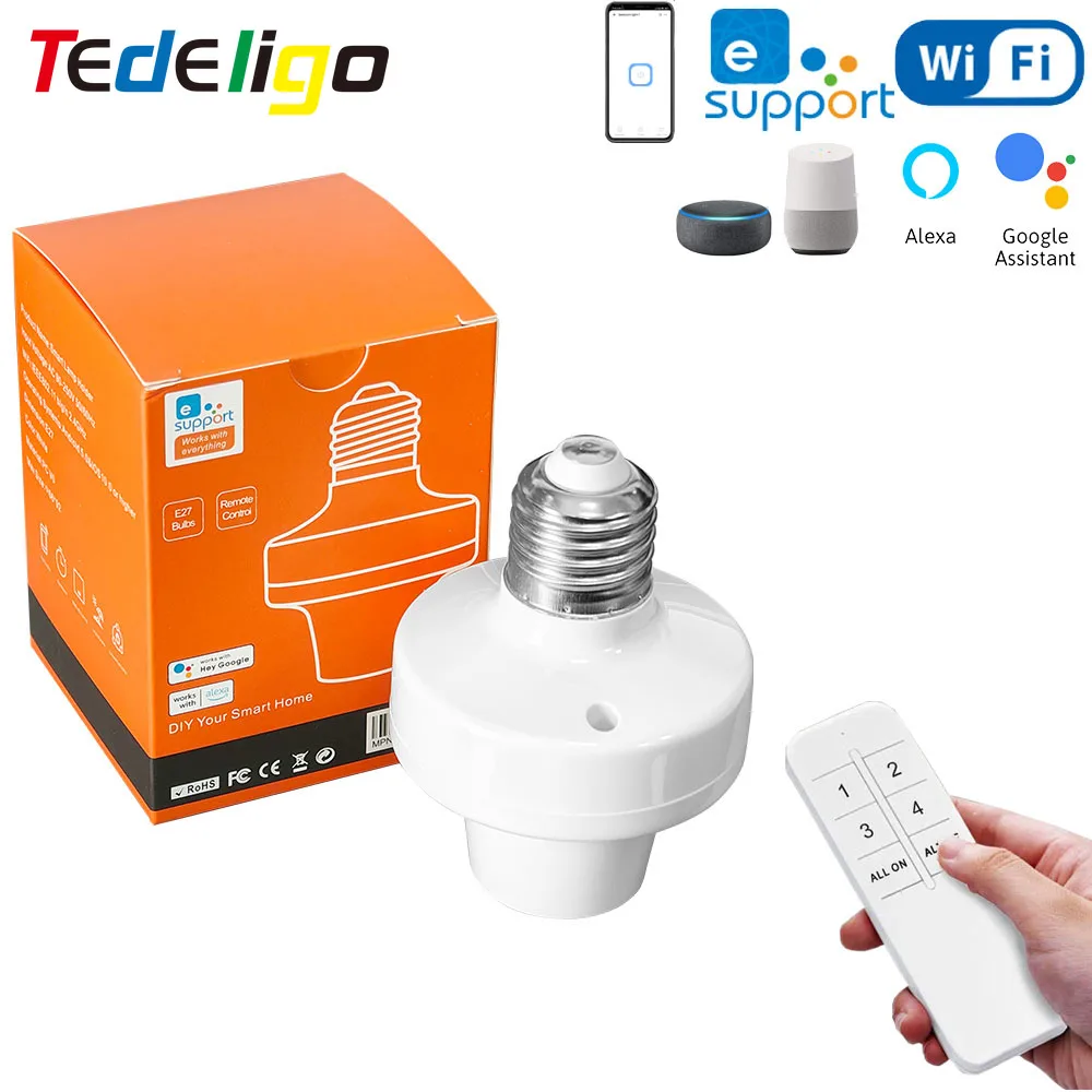Tedeligo EWelink WiFi E27 Socket Base Smart Bulb Lamp holder,2.4GHz AC 110 220V Light Remote Control Switch,Support Alexa Google