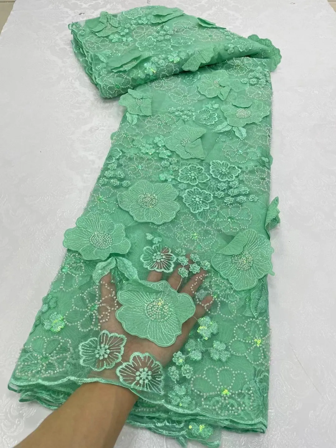 

Белая кружевная ткань с 3D бусинами 2024 Высококачественная вышивка блестками аппликация 3D Цветочный Тюль нигерийские кружевные ткани для невесты