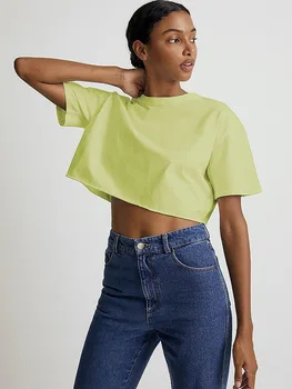 European and American sexy hot girl short sleeved T-shirt 2024 summer solid color short cut crop neck sports top 1