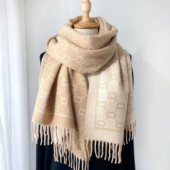 SS NEW Autumn and Winter Warm Core Yarn Red Scarf Thickened Women's Neck Double sided Two tone Letter Tassel Style Big Shawl