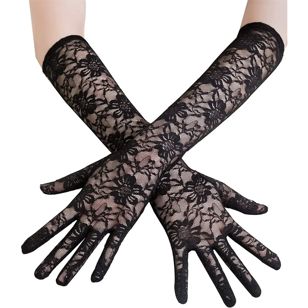 

Women Sexy Floral Lace Elbow Length Half-finger Gloves black String Ribbon Ties Up Dance Party Fingerless Fishnet Mittens