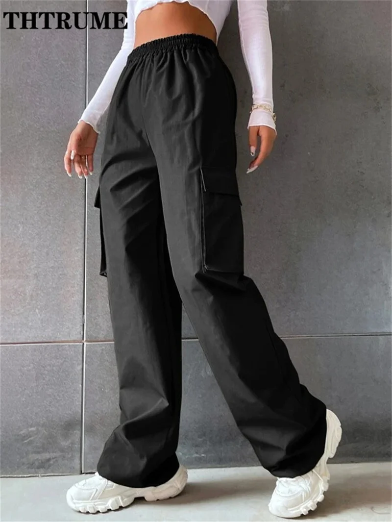 Vintage Streetwear Cargo Pants Fashion Women Solid Oversized Pocket High Waist Baggy Pant Casual Hip Hop Straight New Trousers 4
