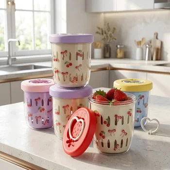 Contenitore in Plastica per Insalata e Frutta con Coperchio Scolapiatti e Forchetta, Contenitore a Doppio Strato per Avena, Bento Box, Tazza per Yogurt per Bambini e Scuola