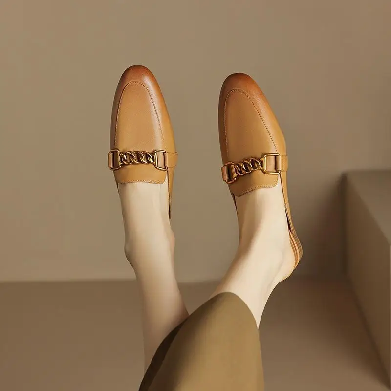 2024 Summer New Genuine Leather Baotou Muller Shoes Half Slippers Women's Flat Bottom Casual Single Shoes