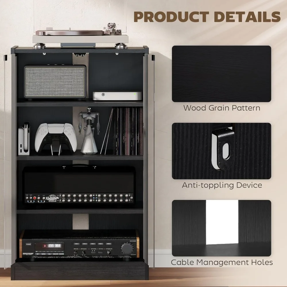 media cabinet, 4-tier stereo cabinet, record player stand with vinyl record storage, adjustable shelves, tempered glass doors a