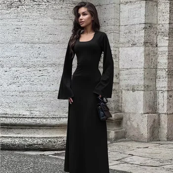 European and American Middle Eastern women's square neck long sleeve slim ankle strap dress 1