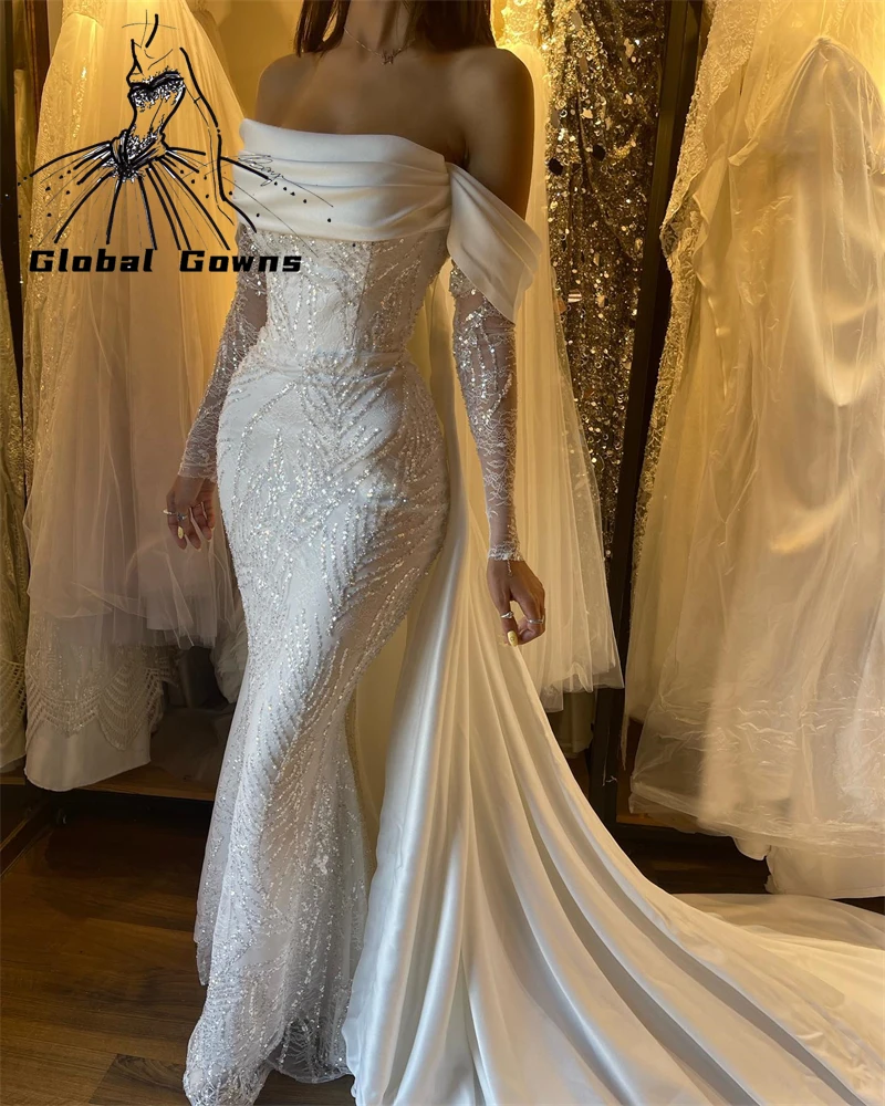 

Luxury White Off The Shoulder Wedding Dresses Beaded 2023 Bridal Gown Mermaid Evening Dress With Cape Robe De Mariee Customize