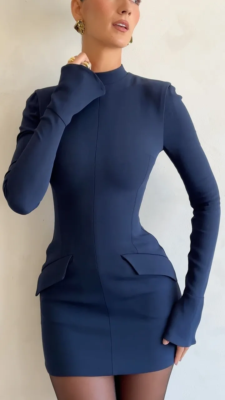 

Women Elegant Dark Blue Commuting Mini Dress Two Pocket Pullover Long Sleeve Bodycon Dresses Chic Party Sexy Lady
