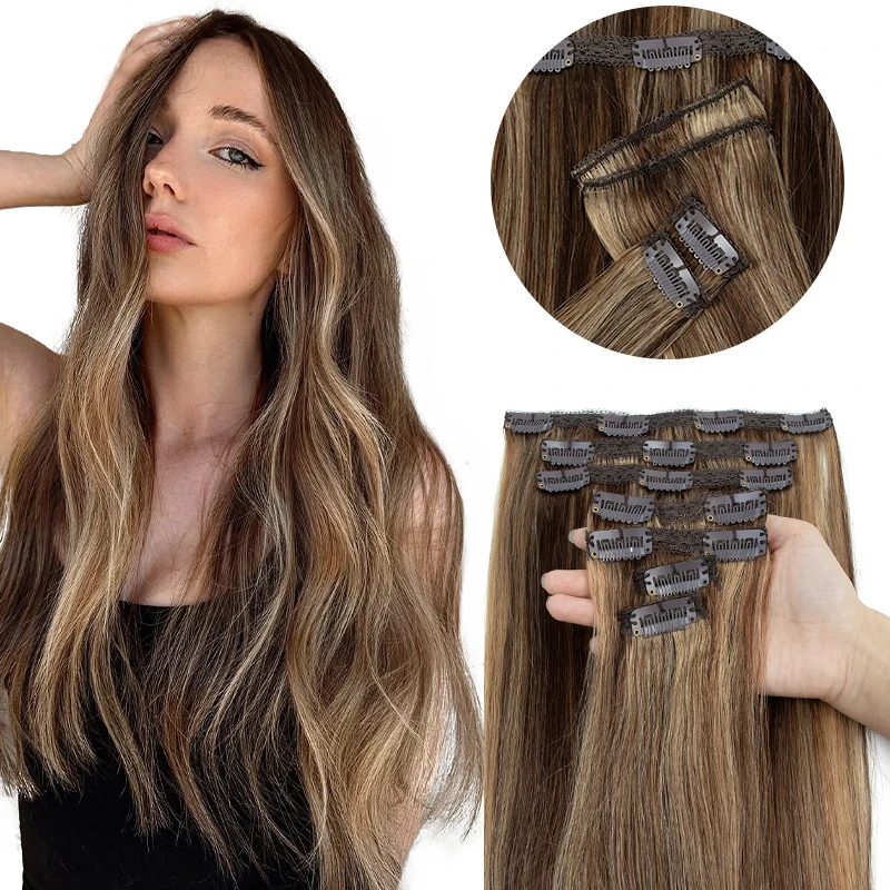 100% Human Hair Clip in Hair Extension Real Natural Machine Remy Clip in Extensions Double Weft 7PCS Clip Ins For Add Volume