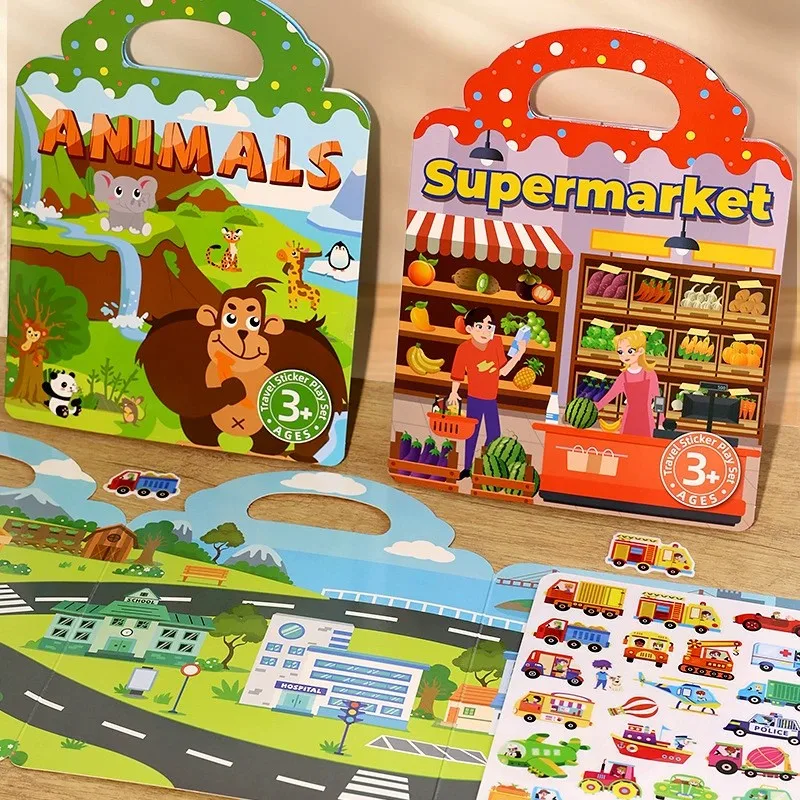 Livre d'autocollants réutilisables pour enfants, véhicules, camion, multi-thèmes, bulle, gelée, jouets éducatifs d'apprentissage pour enfants