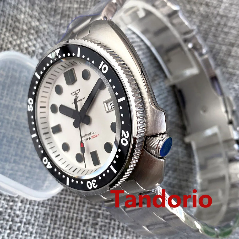 44mm Tandorio NH35A Automatic Movement Mens Watch 20ATM Diver Sapphire Glass Green Luminous Rubber/Stainless Steel Strap Date