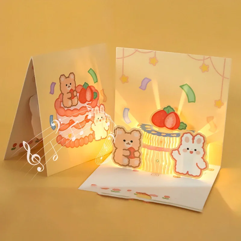 3D Pop Up Light Music Birthday Card Cute Bear Cake Greeting Cards Happy Birthday Party Surprise Blessing Card Gifts