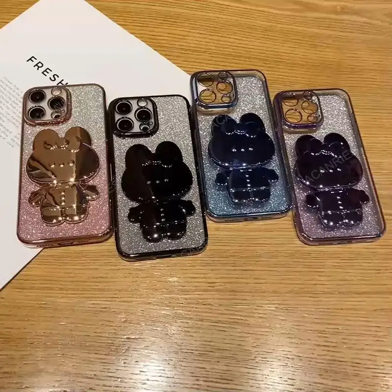 Charming 3D Rabbit Makeup Mirror Stand Plating Phone Case - Protective Cover