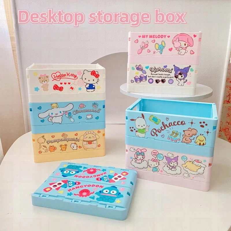 Sanrio Hello Kitty My Melody Kuromi Cinnamoroll Desktop Storage Box Foldable Stackable Cosmetic Organizer Girl's Desktop Storage two bin stackable toy storage cubby organizer white kids room organization storage solution