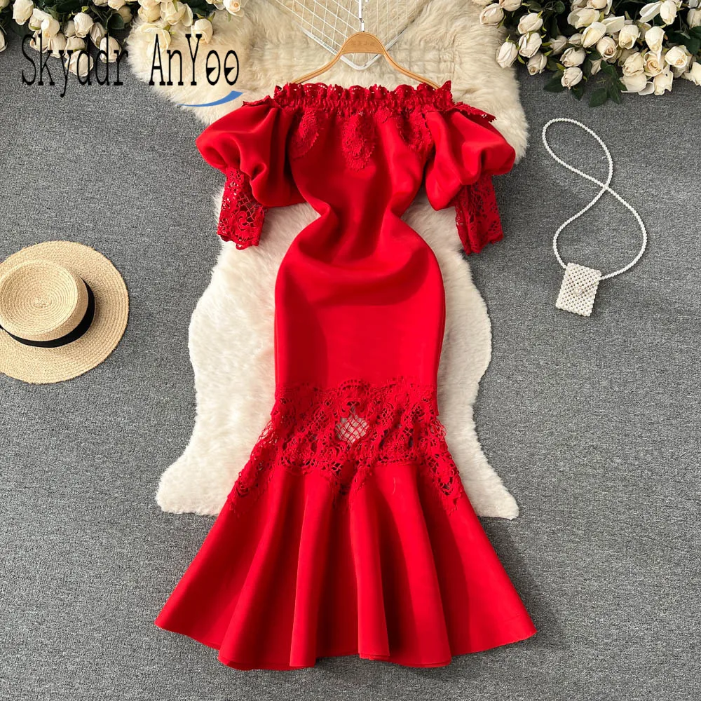 

Autumn Winter Dresses For Women 2022 Robes Off Shoulder Red Party Dress Puff Sleeve Elegant Vestido Christmas Luxury Long Dress