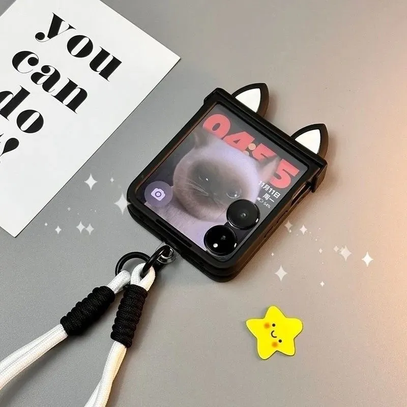 Cute Black Cat Ears Phone Case with Lanyard