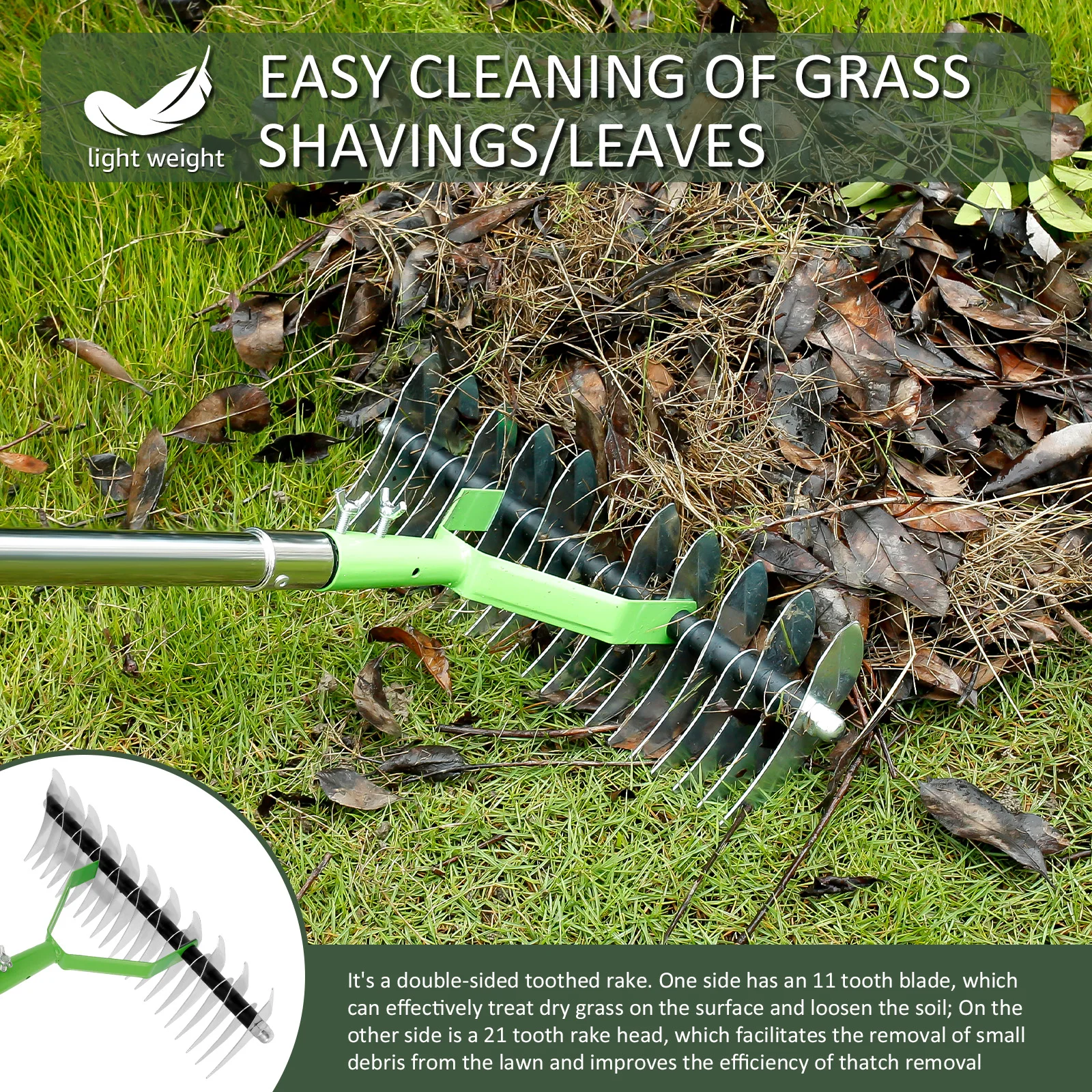 Thatch Rake Double Sided Lawn Rake Stainless Steel Adjustable Dethatcher with 4 Sections Handle Garden Tool for Clear Dead Grass farming rake