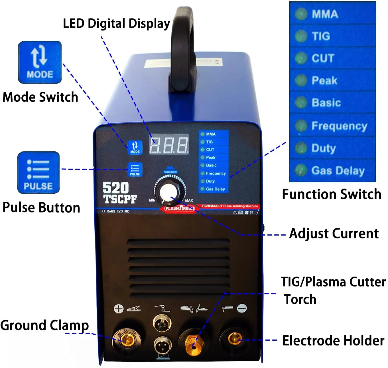 520TSC 3 in 1 Plasma Cutter/TIG/ARC MMA Stick Welding Machine Pulse Digital Foot Pedal 50A Cutting 200A Welding 3
