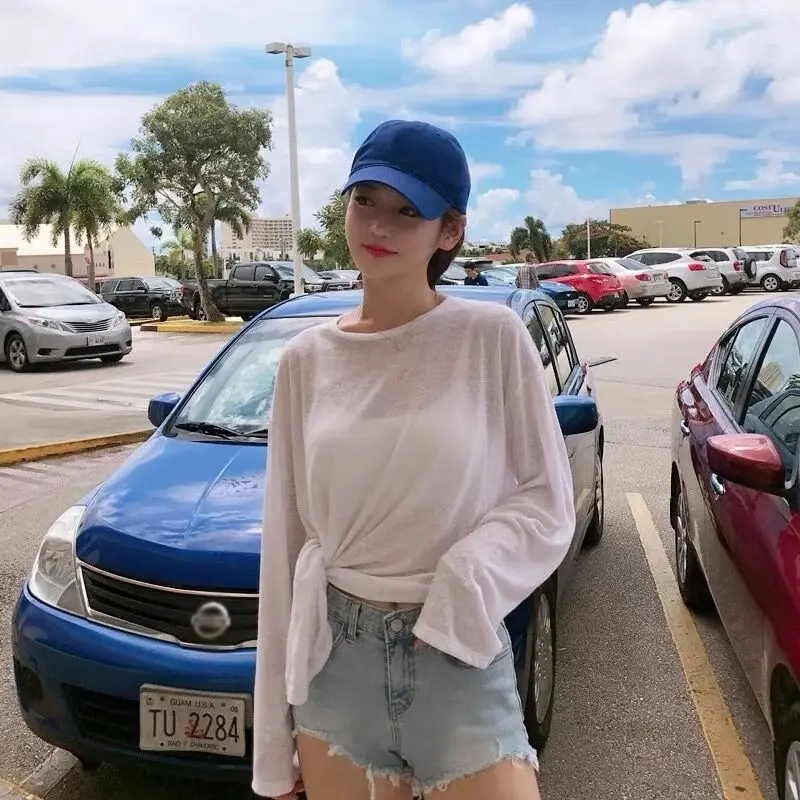 Women Loose Fit Long Sleeve See Through Summer T Shirt