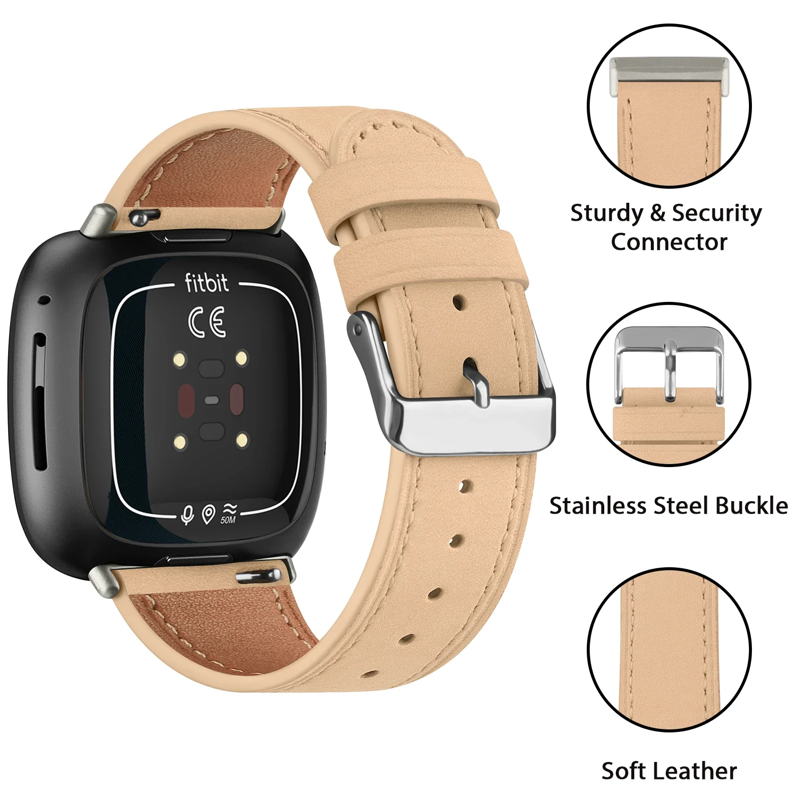 Real Leather Watch Band For Fitbit Versa 3/Versa 4 Strap Bracelet For Fitbit Sense/Sense 2 Band Adjustable Wristband Replacement