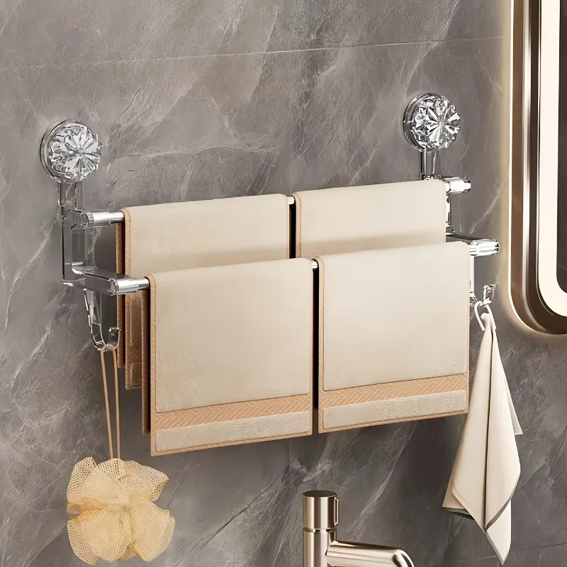 Dual-layer Suction Cup Towel Rack Non Punching Strong Bath Towel Holder Shower Door Bar Rack Bath Holder with Hook
