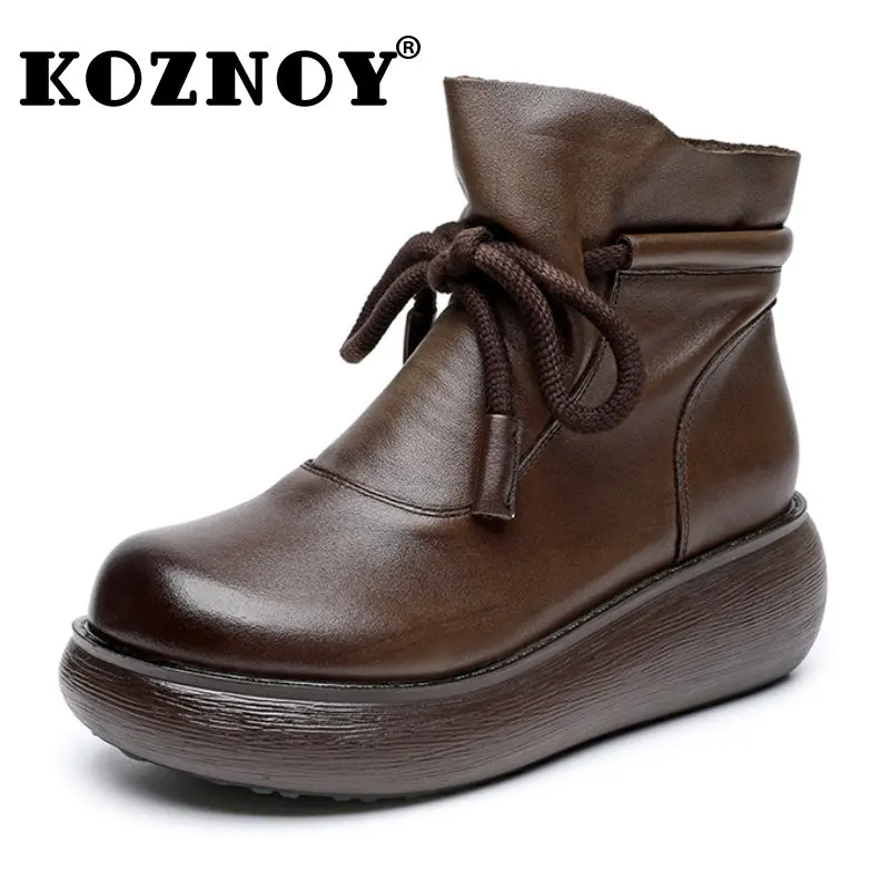 

Koznoy 5.5cm New Genuine Leather Autumn Ethnic Platform Wedge Ankle Mid Calf Booties Woman Super Thick Chunky Boots Rubber Shoes