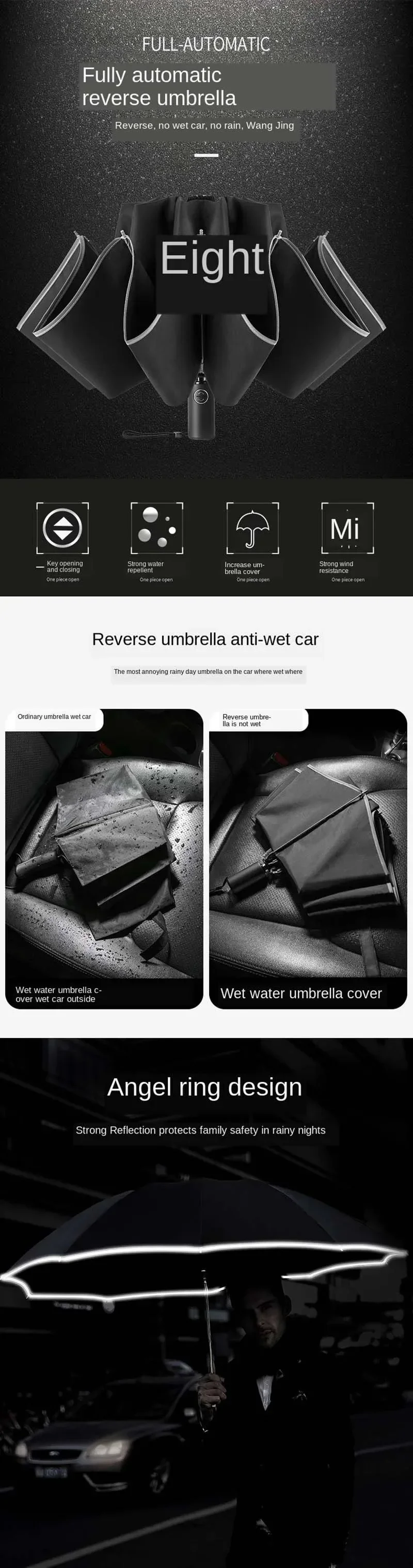 Description Picture 2 of itemFully Automatic Reverse Folding Umbrella with Windproof Reflective Stripe UV Umbrellas