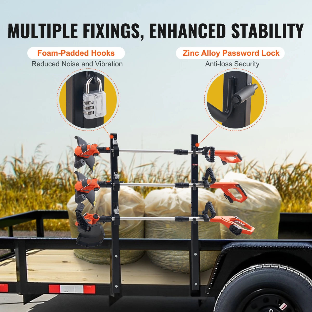 SucceBuy 3 Place Weeder Trimmer Rack Locking Trim Holder Landscape Vertical Rack Carrier Mount on Open Pickup Enclosed Trailer — view 4