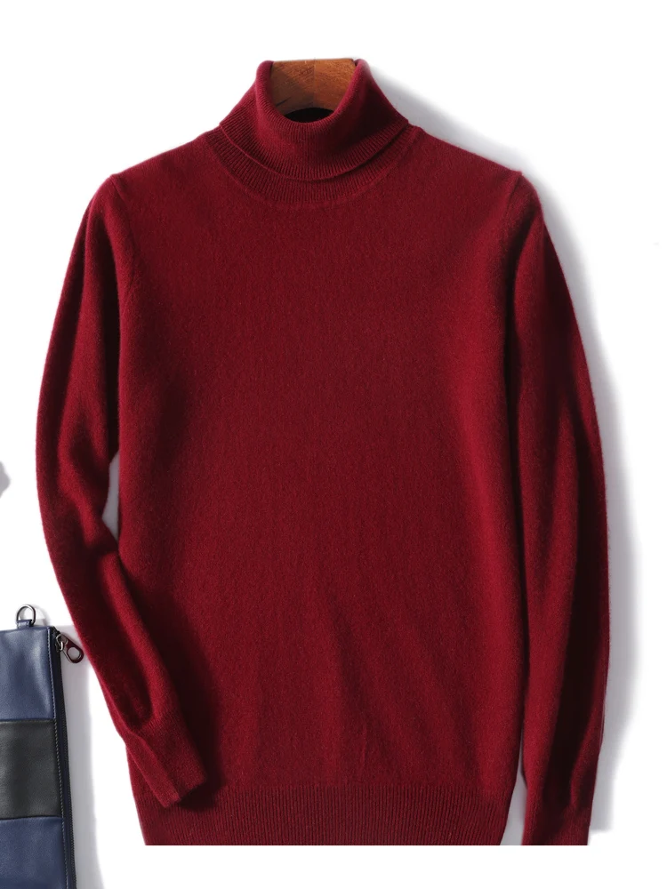 Spring Autumn 100% Pure Merino Wool Pullover Sweater Men Turtleneck Long-sleeve Cashmere Basic Knitwear Clothing