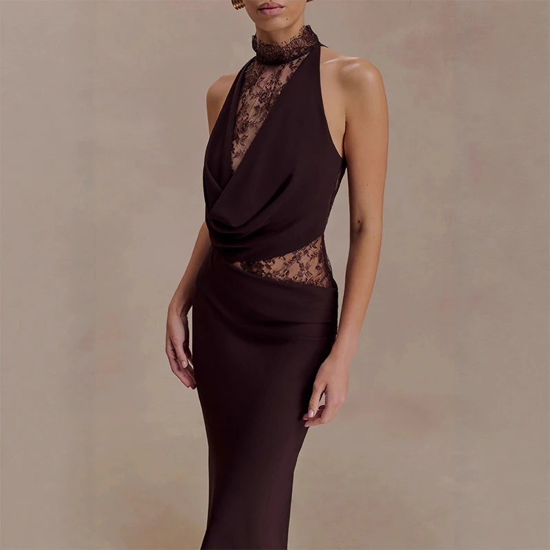 فستان دانتيل عنابي بقصة أنثوية فاخرة