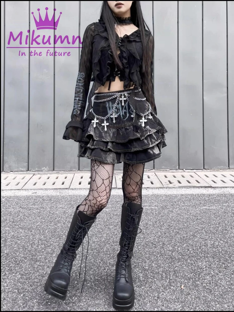 Y2k-ヴィンテージゴシックミニスカート,フリル付きハイウエストミニ  