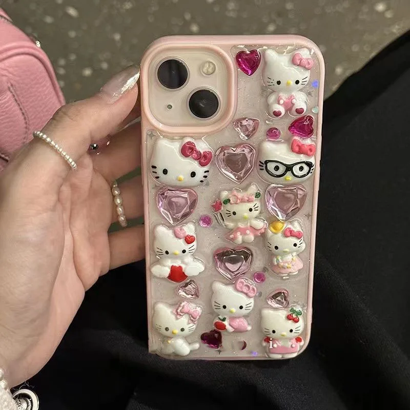 

Kawaii 3D Diamond Transparent Phone Case Sanrio Anime Cute Hello Kitty Cartoon for Iphone 15 14 Pro 13 12 11 Pro Max Gift Girl
