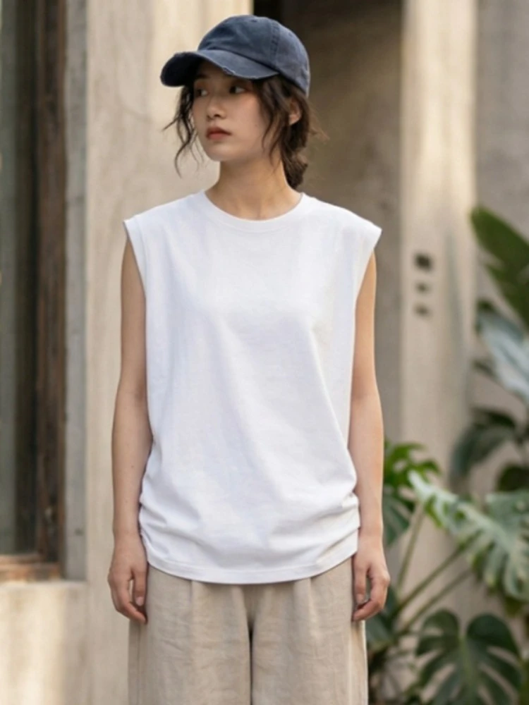 2026 Sommer Baumwoll-Tanktop mit O-Ausschnitt, ärmellos, einfarbig, gerippte Ärmelbündchen, locker sitzend, lässig, vielseitig, Streetwear-Camisole für Damen