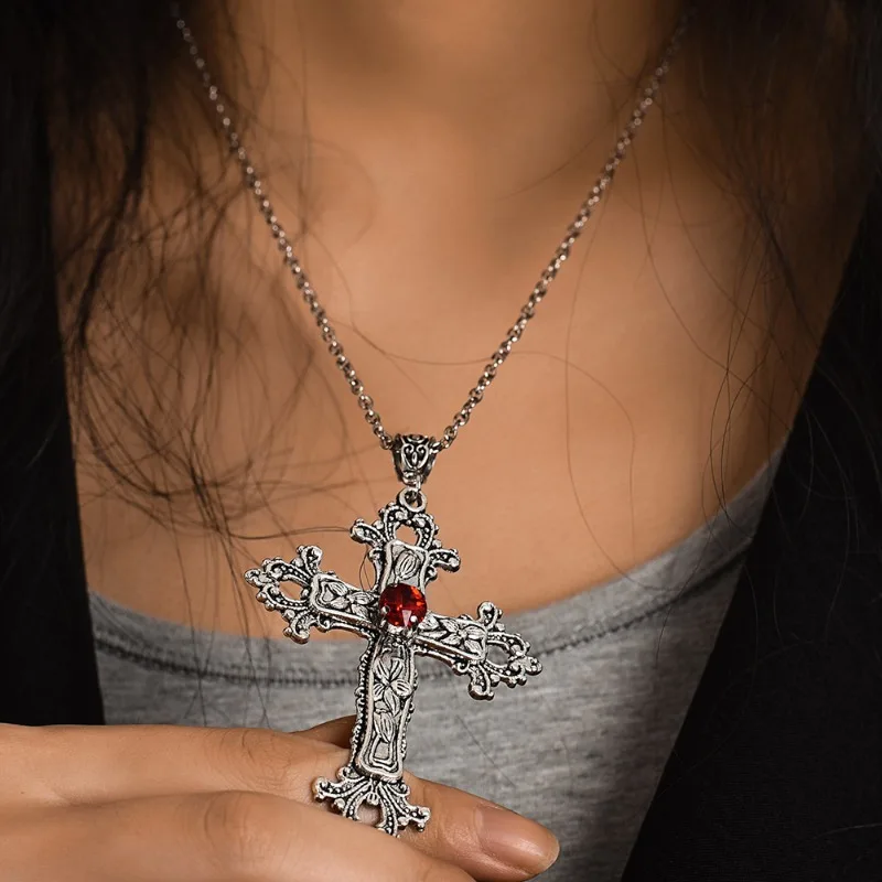 Gothic Black Red Ruby Cross Pendant Necklace for Women Vintage European and American Retro Simple Choker Fashion Jewelry Gifts