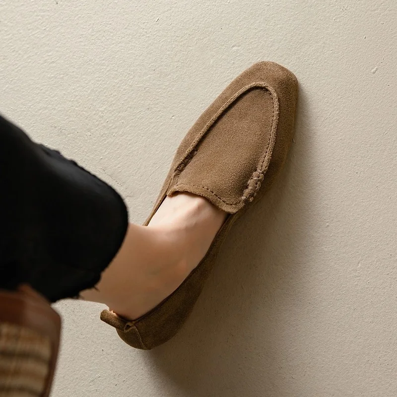 

Round Toe Spring Loafers Woman Shoes Cow Suede Real Leather Women Flat Shoes Lazy Slip-On Vintage Loafers Lady Casual Walk Shoes
