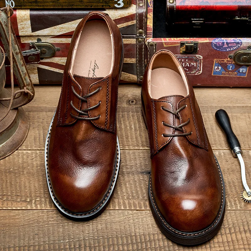 British Vintage Handmade Leather Casual Shoes Round Toe Soft Leather Business Dress Shoes Men's Wedding Workwear