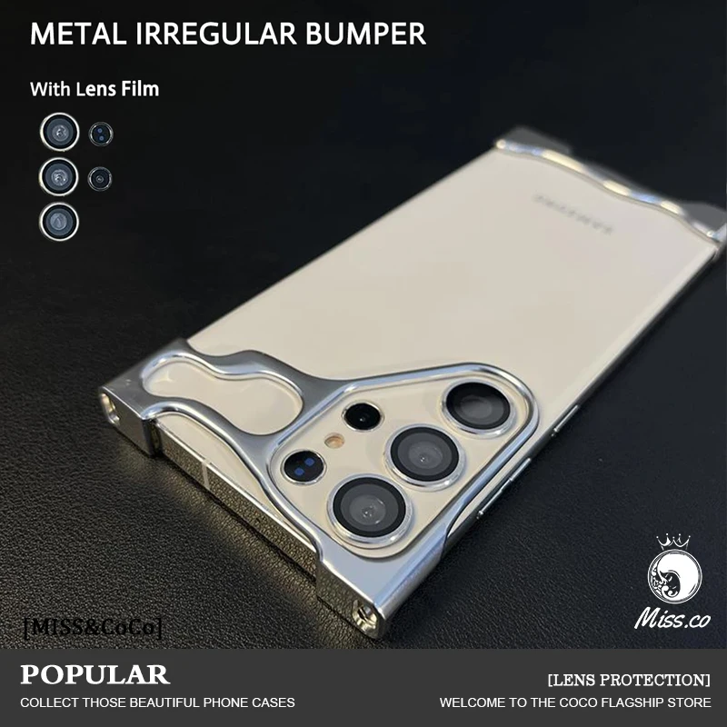 Luxury Irregular Frameless Aluminum Alloy phone Case For Samsung S23 S24 Ultra Plus Lens Film Protection Metal Shockproof Cover