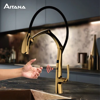 AITANA Gun Grey Luxury Brass LED Display Kitchen Faucet,Touchless Sensor,Pull-Out 3-Function Spray Water-Saving SinK Mixer 1