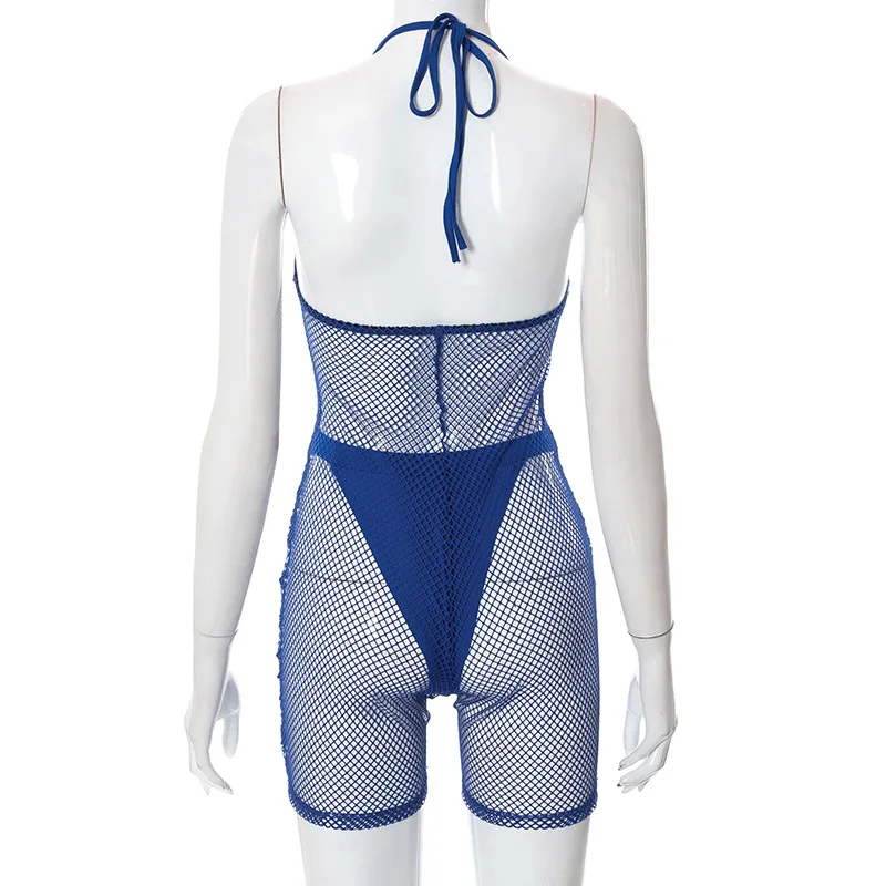 BKLD Spring New Playsuits Shorts Solid Color Halter Lace-Up Sexy V-Neck Hollow Out Mesh Rompers Womens Jumpsuit With Panties