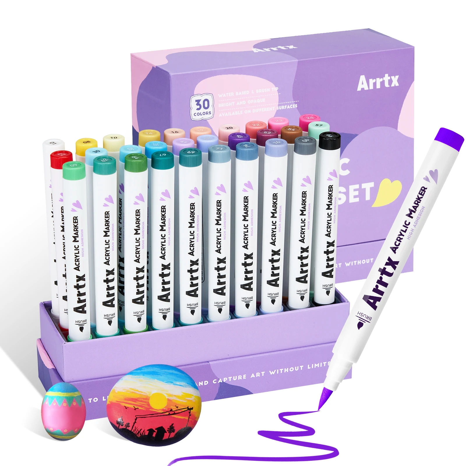 Arrtx 30/32/36/64 Colors Acrylic Paint Marker Brush Tip Pens for Rock Stone Ceramic Porcelain Mug Wood Fabric Canvas
