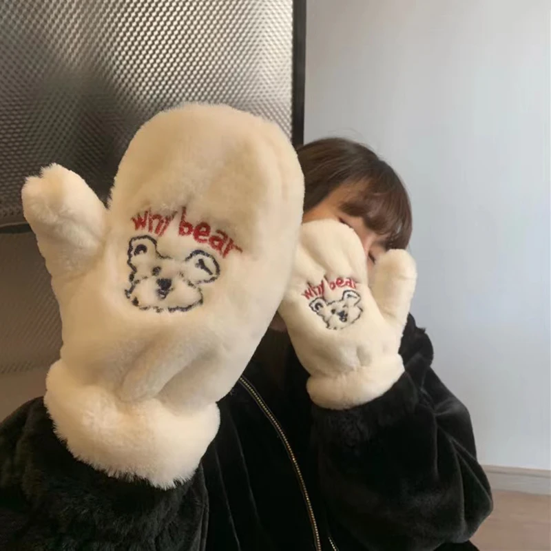 

Cute Plush Gloves Women Winter Gloves Embroidery Bear Soft Warm Thicken Mittens Girls Students Outdoor Warmer Gifts Hand Guards