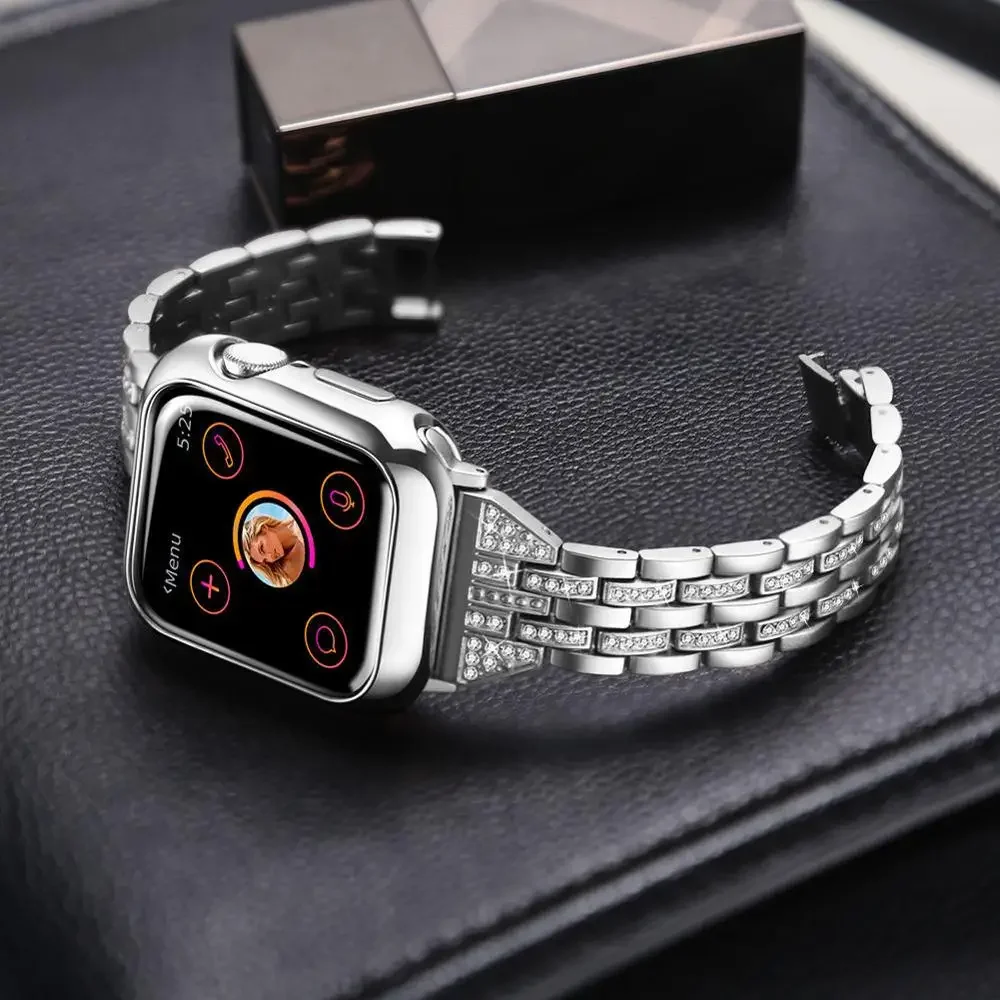 Metal＋Diamond Strap For Apple Band Watch 49mm 45mm 44mm 42mm 41mm 40mm Luxury Stainless Steel Bracelet iwatch 9 8 7 6 5 4 3 SE