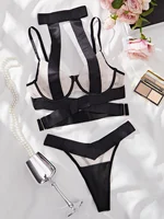 Ensemble de sous-vêtements classiques à bandes croisées pour femmes, soutien-gorge Sexy en dentelle creuse, poitrine basse, maille Ultra fine, respirant, Lingerie tanga 1