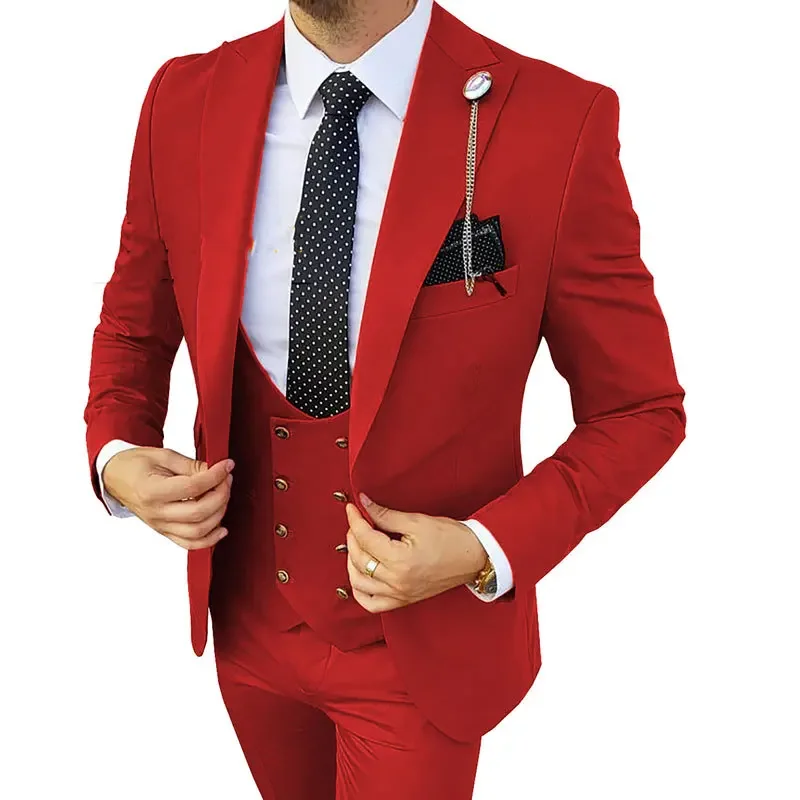 Men 3 Piece Set (Jacket+Pants+Vest) 2024 Wedding Dress Elegant Suit For Male Wine Red Single Button Fashion Blazer Business Sets
